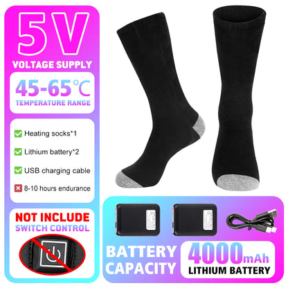 65℃ Heated Socks Winter Warmth 4000Mah USB Rechargeable Heating Socks Outdoor Ski Heated Boots Snowmobile Skiing Sock