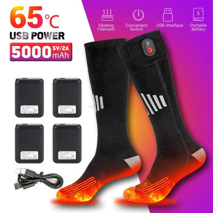 65℃ Heated Socks Winter Warmth 4000Mah USB Rechargeable Heating Socks Outdoor Ski Heated Boots Snowmobile Skiing Sock