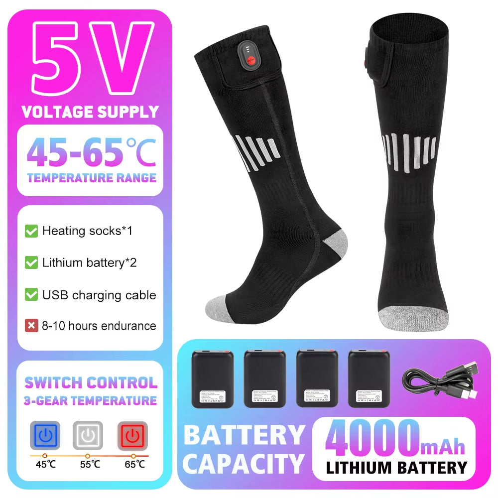 65℃ Heated Socks Winter Warmth 4000Mah USB Rechargeable Heating Socks Outdoor Ski Heated Boots Snowmobile Skiing Sock